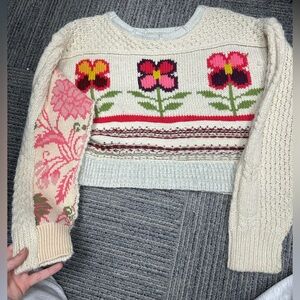 Kimchi Blue Cream Cable-Knit Sweater with Pink & Red Floral Intarsia